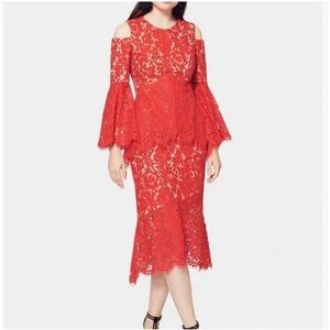 Fame and Partners Women Bell Sleeve Jewel Neck Tea Length Sheath Dress